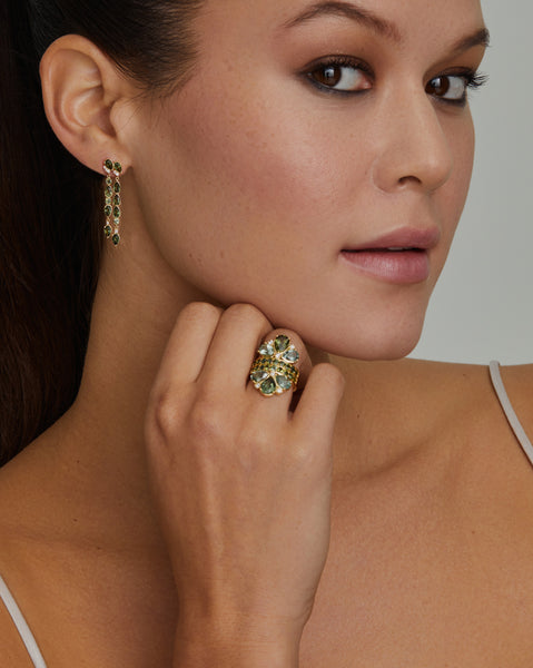 Asymmetrical Earrings with Green Tourmaline and Diamonds