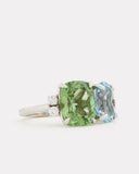 Green Tourmaline Cushion Cut and Sky Blue Topaz Oval Ring with Diamonds