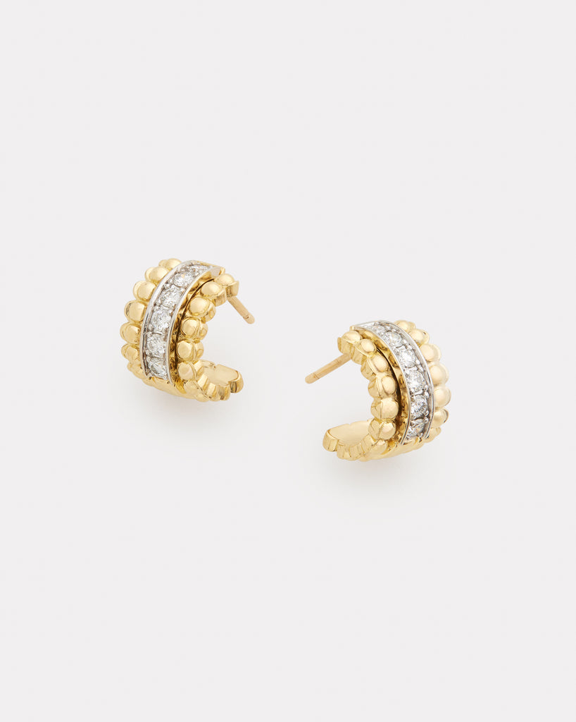 Yellow and White Gold Diamond Hoops with Beaded Edge