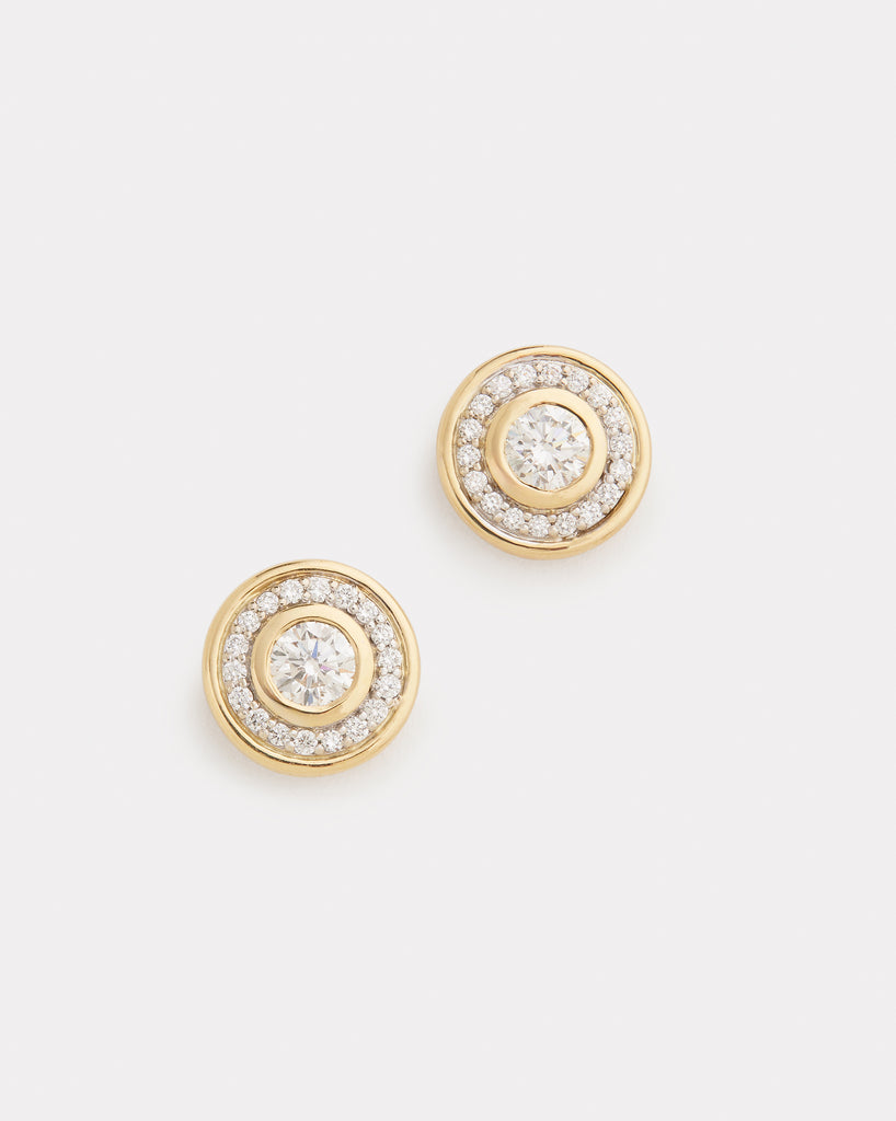 Yellow and White Gold Bezel Set Round Diamond Studs with Pave Diamonds