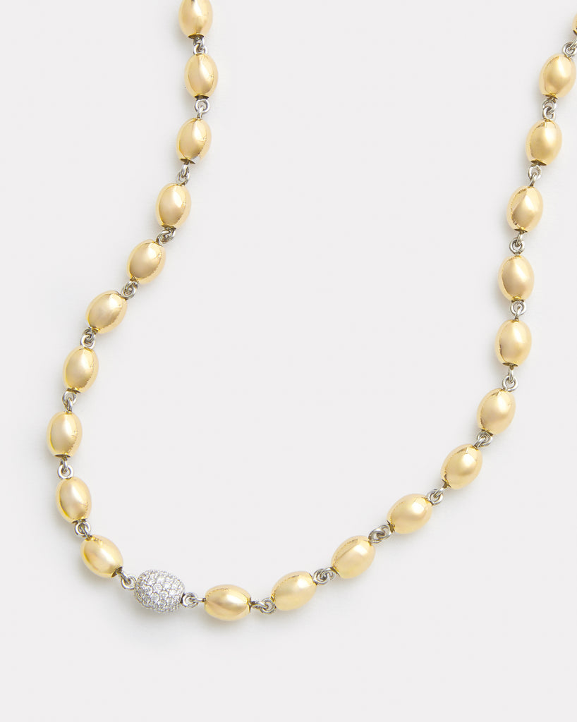 Yellow Gold Oval Beaded Necklace with White Gold Pave Bead