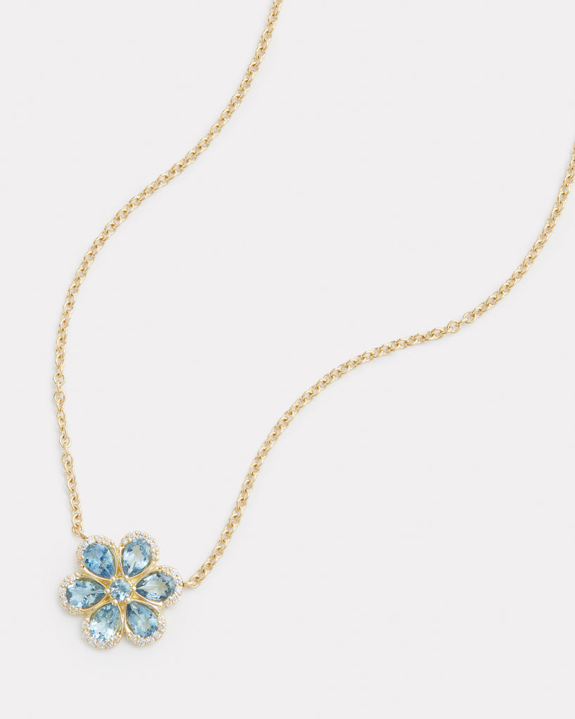 Floral Necklace with Aquamarine and Diamond Edged Petals