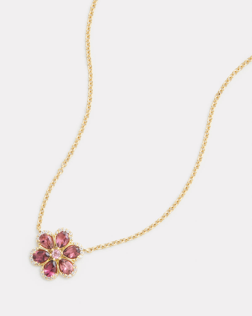 Floral Necklace with Pink Tourmaline and Diamond Edged Petals