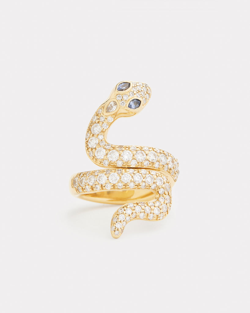 Diamond Snake Ring with Light Blue Sapphire Eyes