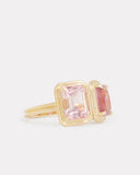 Double Surround Emerald and Cushion Cut Pink Tourmaline Ring