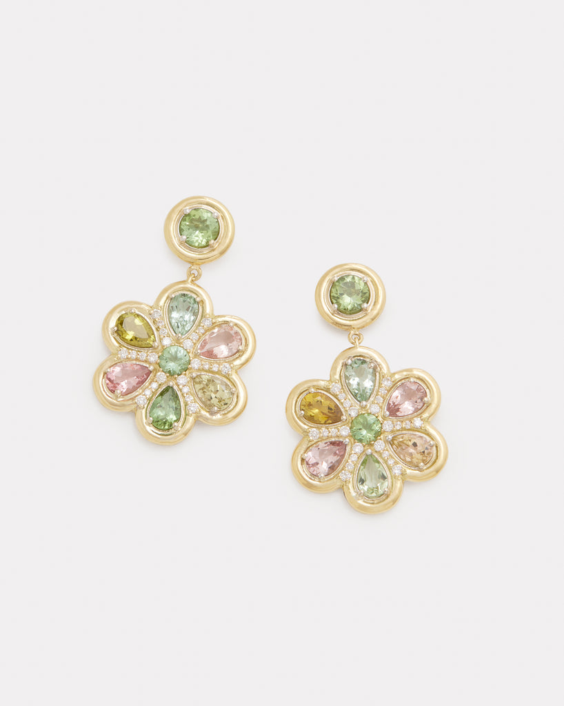 Yellow and White Gold Floral Earrings with Multicolor Tourmaline and Diamonds