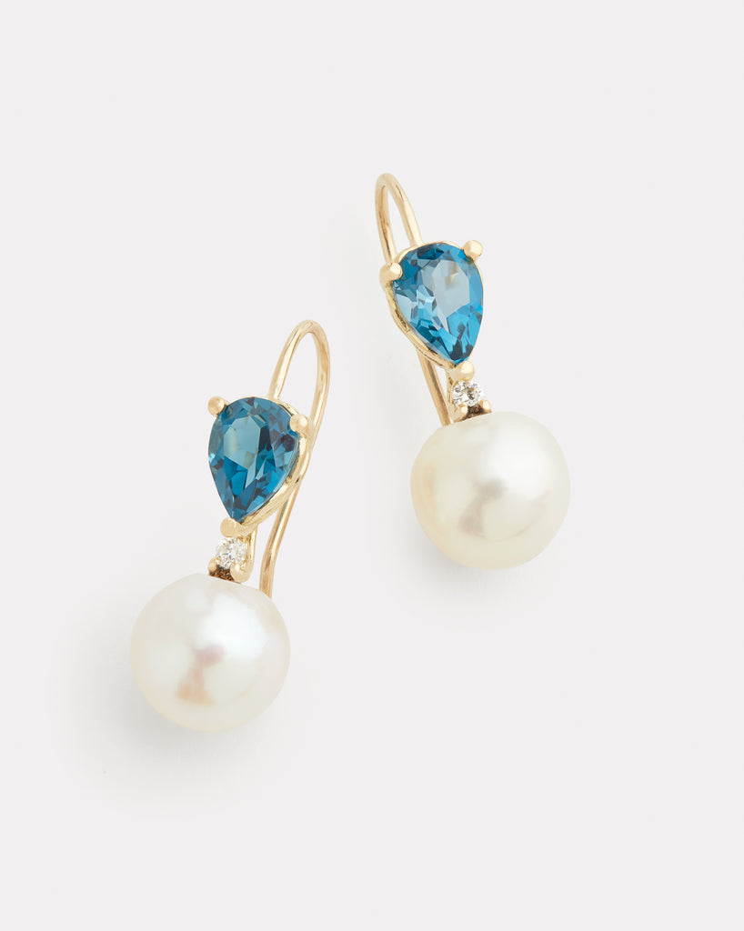 London Blue Topaz Pear Shape, Pearl and Diamond Drop Earring