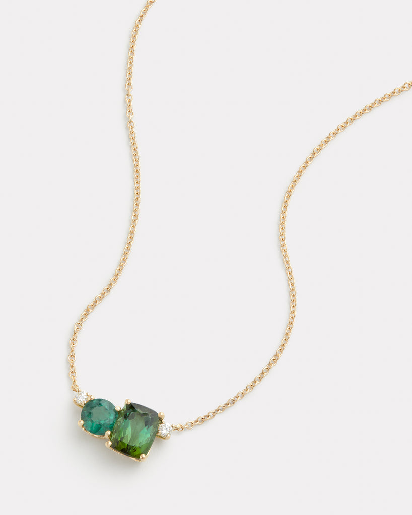 Green Tourmaline Round and Cushion Cut Pendant Necklace