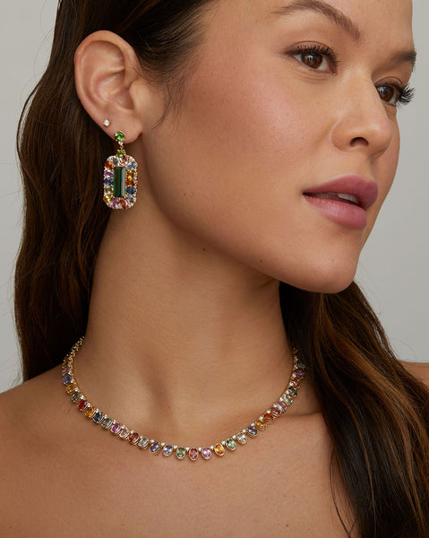 Green Tourmaline, Multi Color Sapphire, and Diamond Earrings