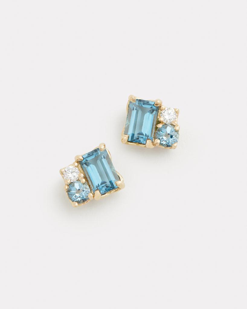 London Blue Topaz, Aquamarine, and Diamond Cluster Stud