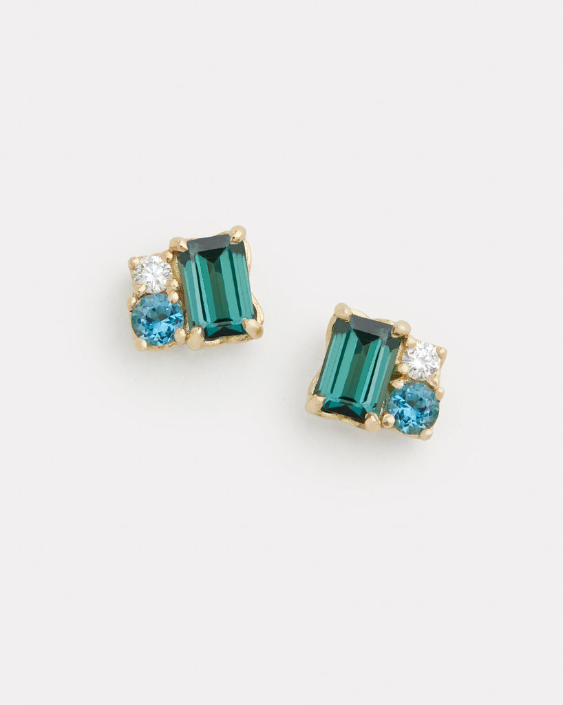 Green Tourmaline, London Blue Topaz, and Diamond Cluster Stud