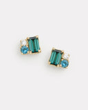 Green Tourmaline, London Blue Topaz, and Diamond Cluster Stud