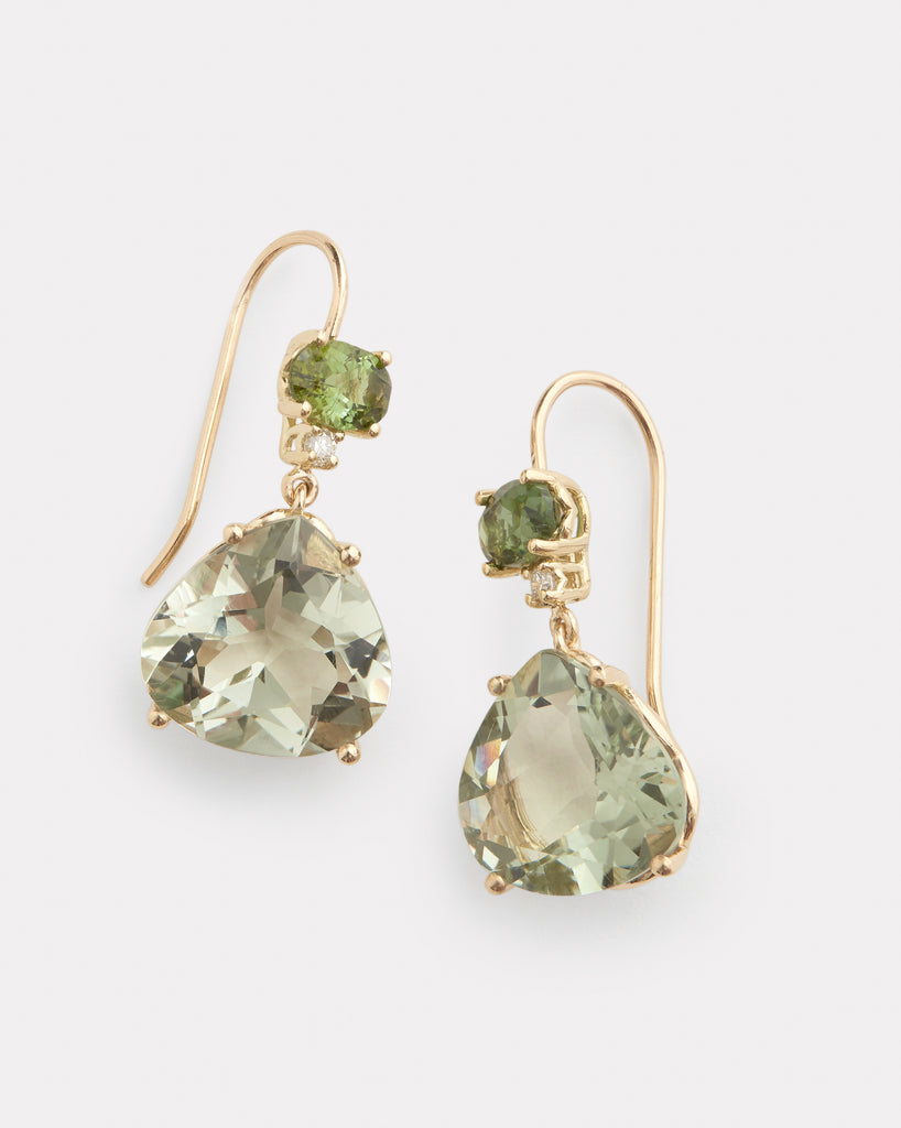 Green Tourmaline, Green Amethyst, and Diamond Drop Earrings