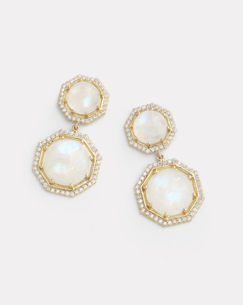 Double Octagon Earring with Rainbow Moonstone and Diamonds