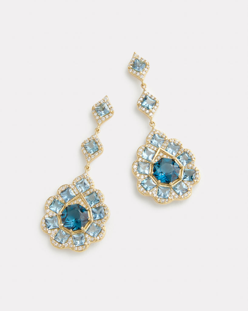 Aquamarine, London Blue Topaz, and Diamond Triple Drop Earring