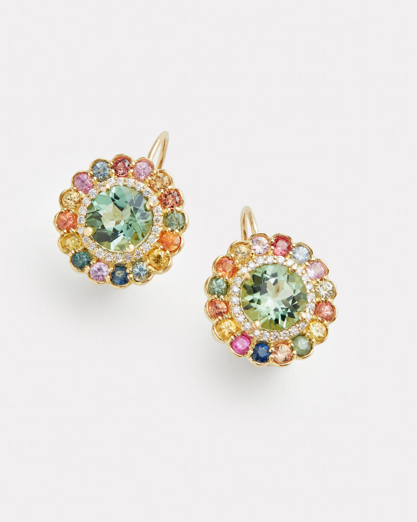 Green Tourmaline with Diamond and Sapphire Edged Round Earring