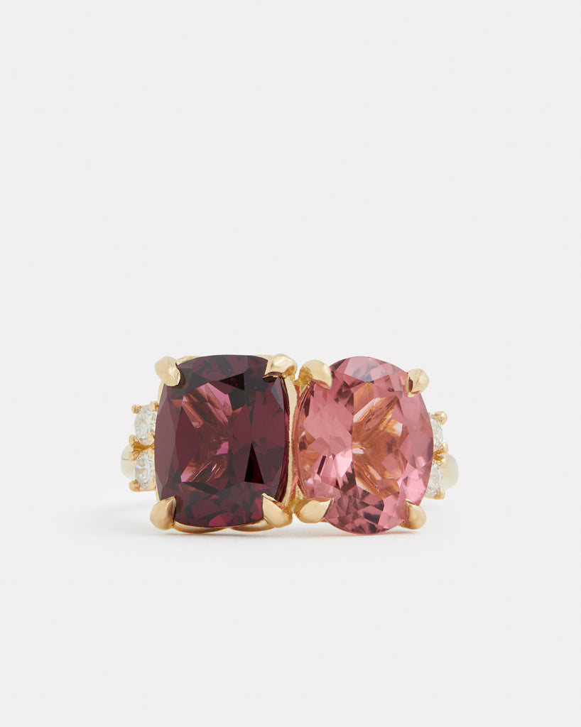 Pink Tourmaline Oval and Rhodolite Cushion Cut Ring with Diamonds