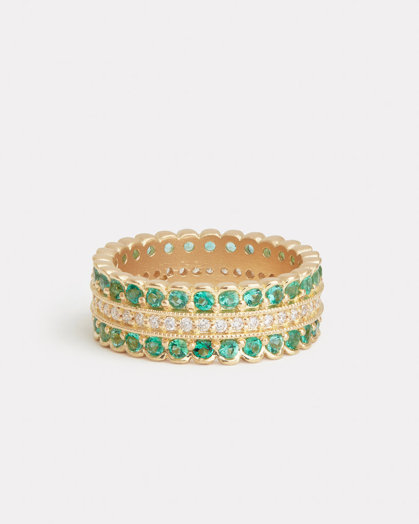 Triple Row Diamond and Emerald Ring