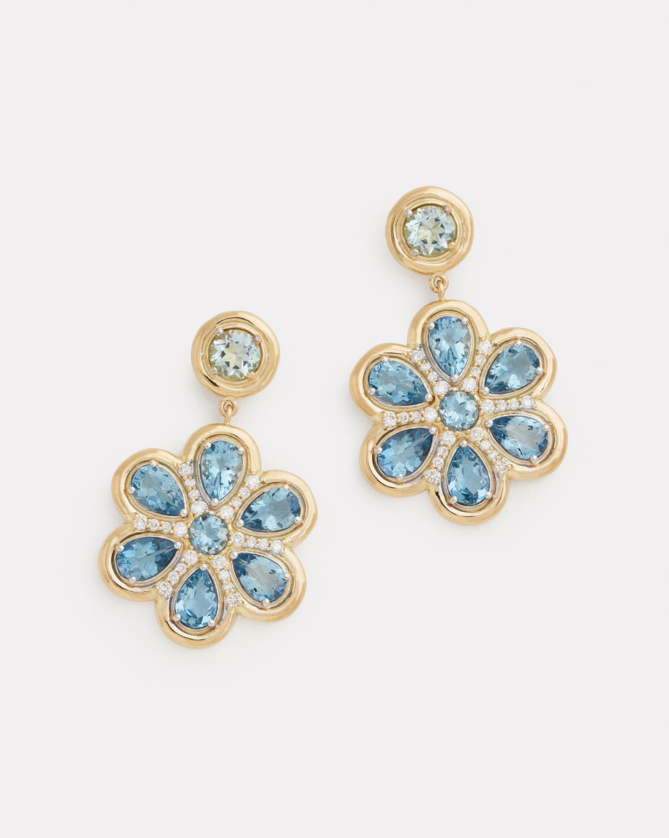 Yellow and White Gold Floral Earrings with Aquamarine and Diamonds