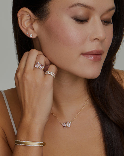 Kunzite Cushion and Morganite Oval Ring with Diamonds