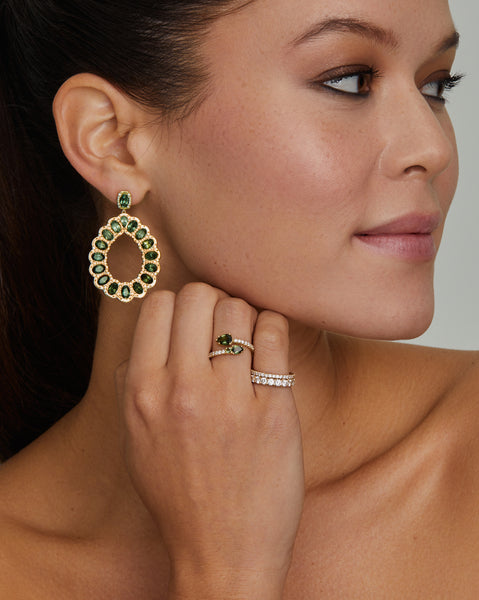 Diamond Detailed Pear Shape Earrings with Green Tourmaline