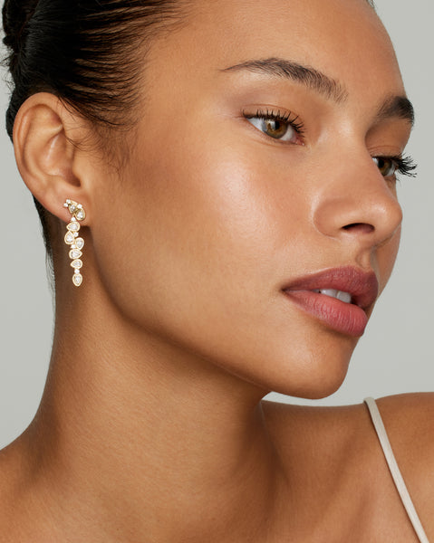 Yellow and White Gold Asymmetrical Earrings with Pear Shape and Round Diamonds