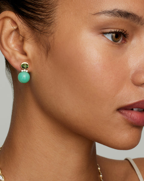 Oval and Round Earrings with Green Tourmaline, Chrysoprase, and Diamonds