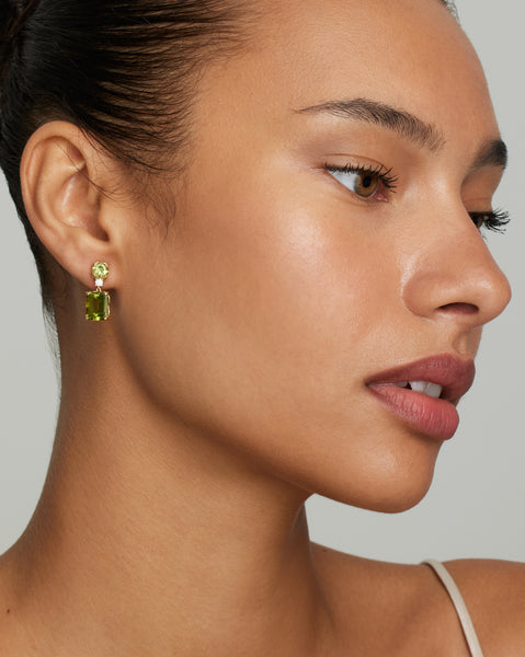 Round and Emerald Cut Peridot Drop Earrings with Diamonds