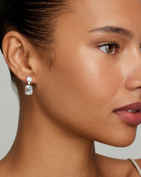 Round and Emerald Cut Drop Earrings with Sky Blue Topaz, Aquamarine, and Diamonds
