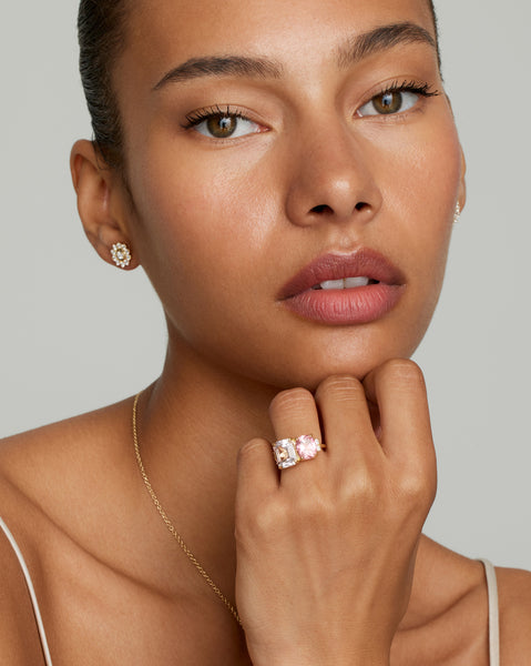 Kunzite Emerald Cut and Pink Tourmaline Oval Ring with Diamonds