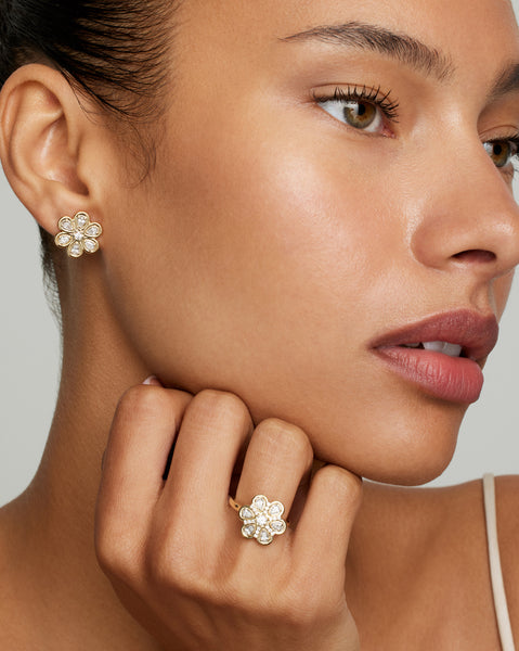 Yellow and White Gold Floral Studs with Diamonds