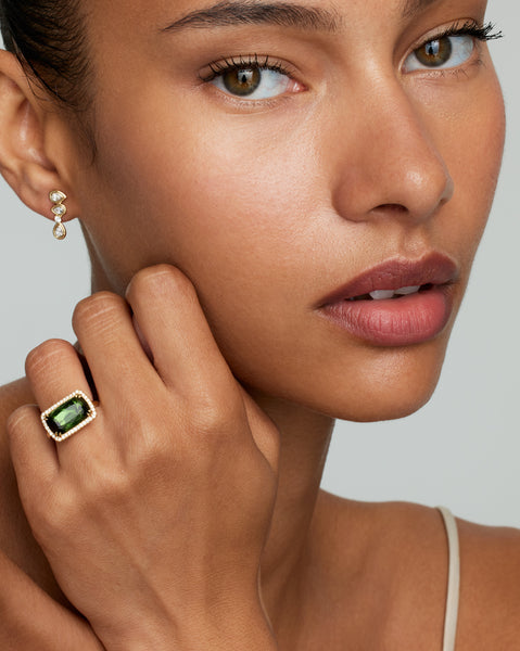 Green Tourmaline Long Cushion Cut Ring with Diamonds