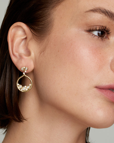 Yellow and White Gold Hoops with Pear Shape and Round Diamonds