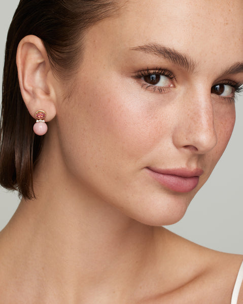 Oval and Round Earrings with Pink Tourmaline, Pink Opal, and Diamonds