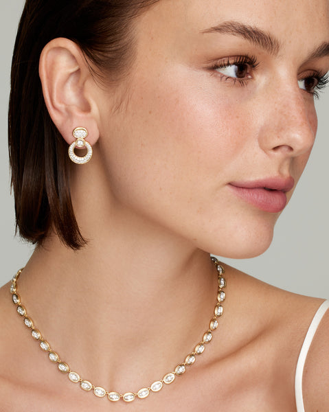 Yellow and White Gold Oval and Round Earring with Pave Diamonds