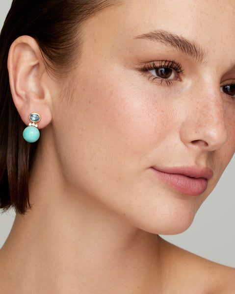 Oval and Round Earrings with Aquamarine, Turquoise, and Diamonds