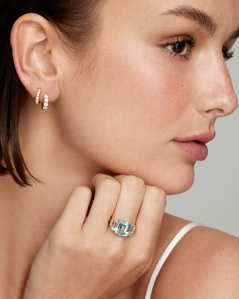 Emerald Cut Ring with Sky Blue Topaz, Aquamarine, and Diamonds