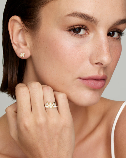 Yellow and White Gold Tiara Ring with Pear Shaped Diamonds