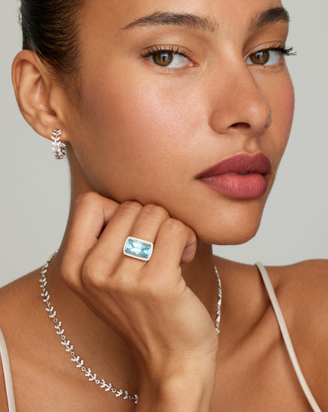 Aquamarine Long Cushion Cut Ring with Diamonds