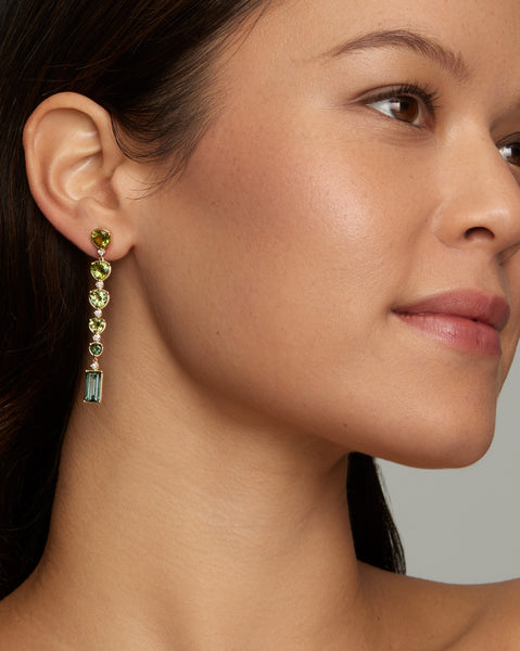 Ombré Pear Shape and Emerald Cut Drop Earrings with Green Tourmaline and Diamonds