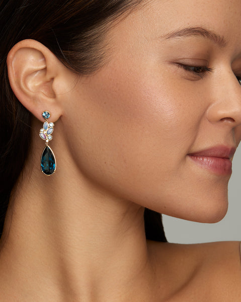 Long Floral Earrings with London Blue Topaz, Opal, Aquamarine and Diamonds