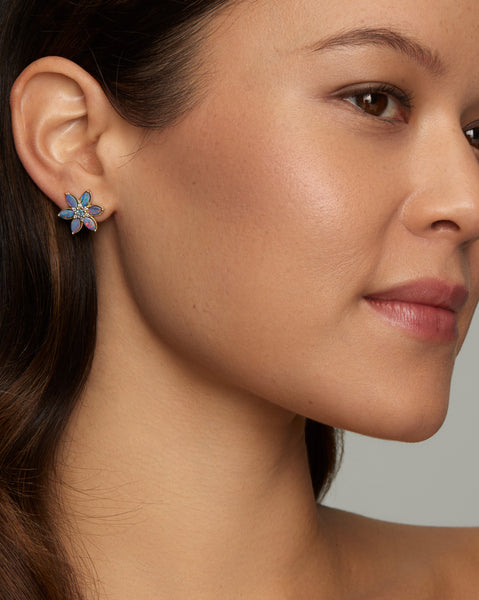 Floral Studs with Opal, Aquamarine, and Diamonds