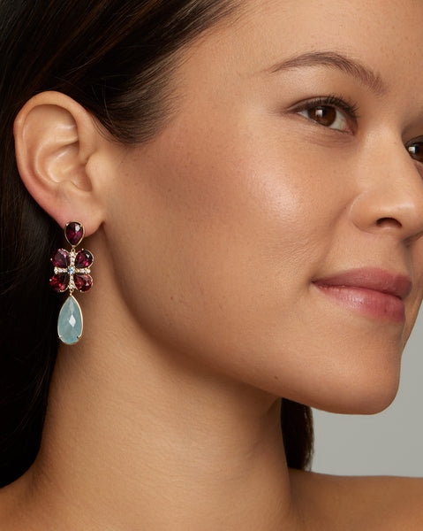 Long Floral Drop Earring with Rhodolite, Aquamarine, and Diamonds