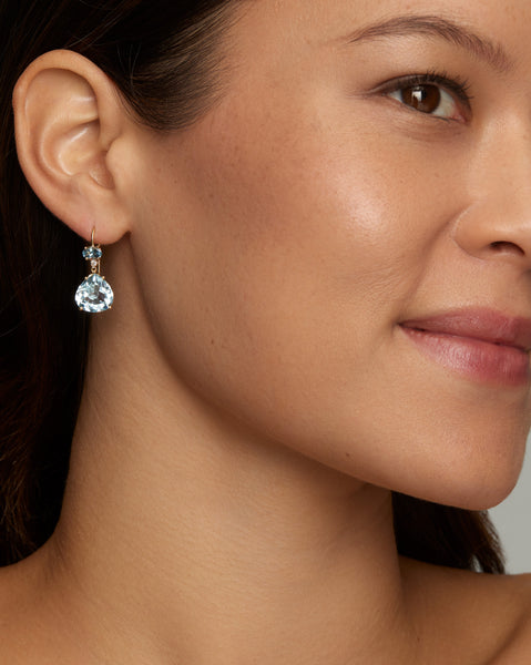 Oval and Pear Shape Drop Earrings with Aquamarine, Sky Blue Topaz, and Diamonds