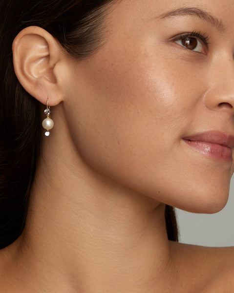 Pearl Drop Earring with White Topaz and Blackened Settings