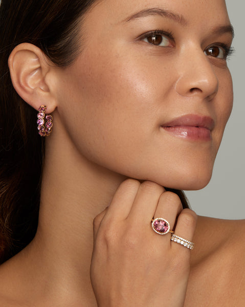 Round Faceted Pink Tourmaline Hoop Earring
