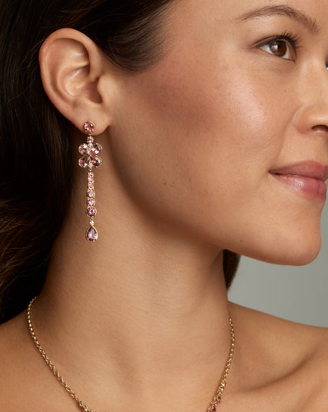 Long Floral Earring with Pink Tourmaline and Diamonds