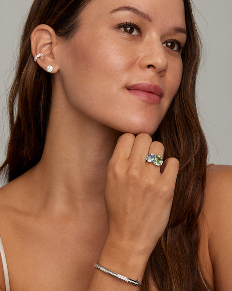 Green Tourmaline Cushion Cut and Sky Blue Topaz Oval Ring with Diamonds