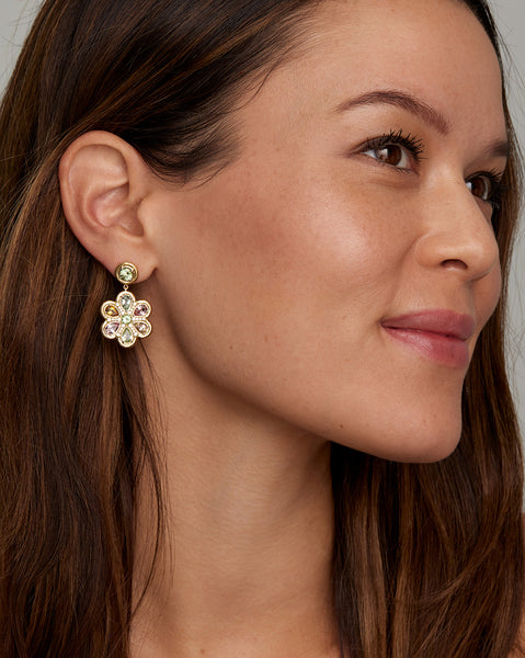 Yellow and White Gold Floral Earrings with Multicolor Tourmaline and Diamonds