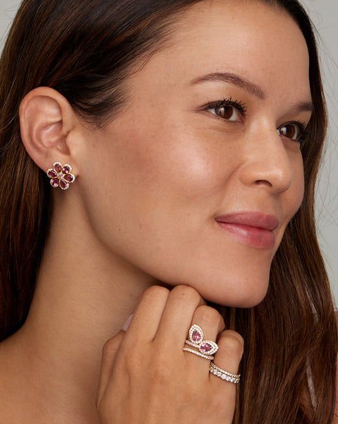 Pink Tourmaline Floral Studs with Diamond Edge